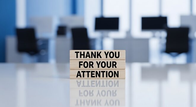 Wooden block sign reads "Thank You For Your Attention" on desk, blurred office in background