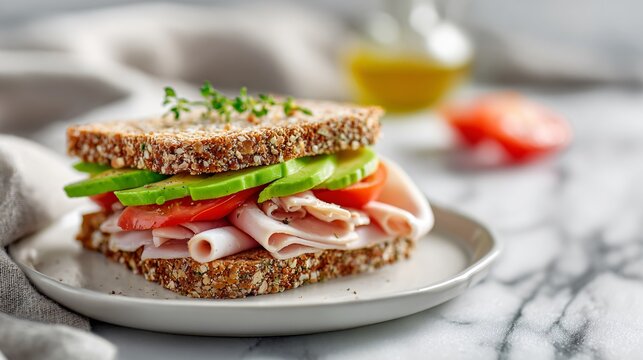 Crispy whole-grain toast layered with avocado slices, smoked turkey, and tomato slices, served on a minimalist white plate on a marble surface