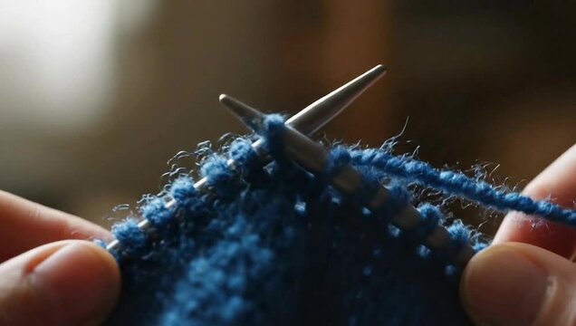 Close-up of hands knitting a textured blue fabric with metallic needles and soft yarn, creating a cozy craft