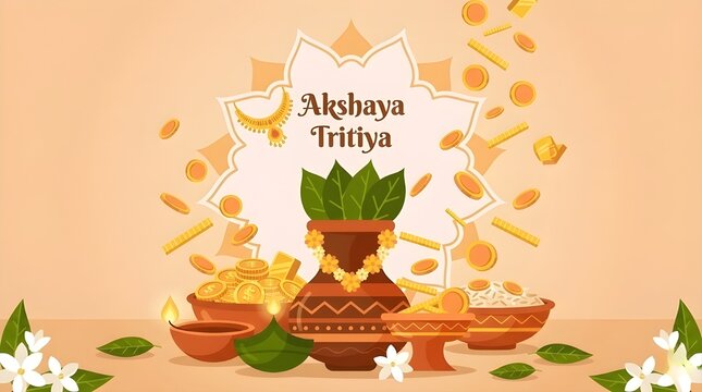 Akshaya Tritiya Concept with Kalash, Gold Coins, and Diya Lamp on Decorative Background