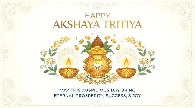 Akshaya Tritiya Concept with Kalash, Gold Coins, and Diya Lamp on Decorative Background
