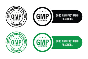 Obraz premium GMP Certified logo. Good Manufacturing Practice Certified Set Badge, Stamp, Icon, Seal, Label, Tag, Emblem For CBD Label Oil and Packaging Design. Vector Illustration 