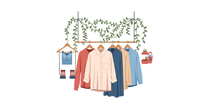 A charming illustration features several colorful shirts and small shoes hanging from a wooden rack adorned with a lush, trailing green ivy vine.