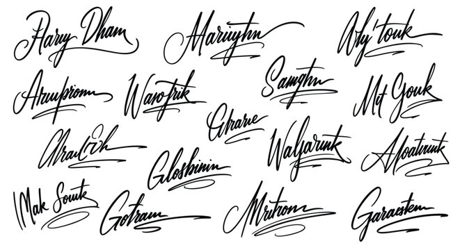 Handwritten signatures, signature collection, 20 names, black ink, cursive writing, vector illustrations
