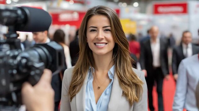 Smiling Interviewee: A confident woman with a warm smile is captured during an interview at an event. The shot focuses on her radiant presence amid a busy setting.