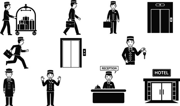 Vector collection of minimalist black and white hotel service icons featuring bellboy silhouettes luggage carts elevator symbols and reception desk isolated on white background