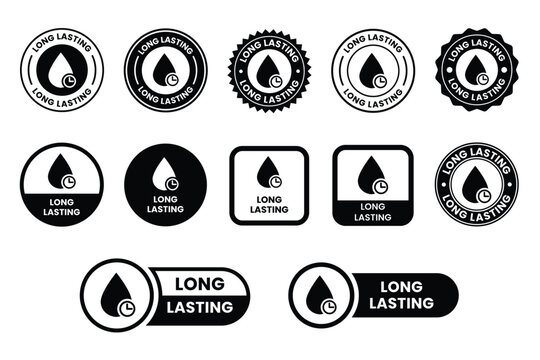 Long lasting icons set, logo, label, badge, symbol, arrow, stamp, black, line, flat vector, isolated illustration. Pharma or beauty label for product packaging design. Hourglass, time, clock icon.	