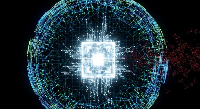 futuristic digital network sphere with glowing data streams and binary code
