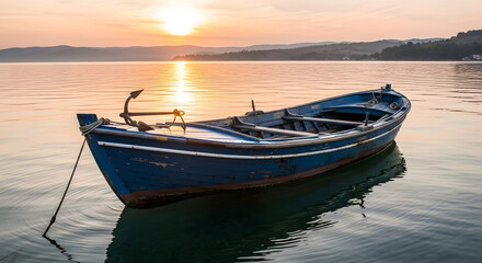 Fototapeta premium A blue boat floating on calm water at sunset