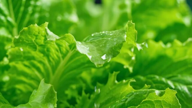 Close-up of fresh, vibrant green lettuce leaves with water droplets