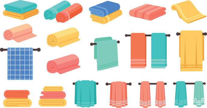 Bathroom towel collection with folded rolled and hanging fabric cloth sets colorful home textile illustration vector set