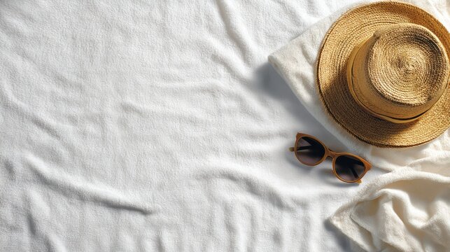 Beachside summer gather. Relaxed summer scene with stylish travel essentials displayed. Elegant display of summer accessories including hats and sunglasses on soft towel for carefree vacation look