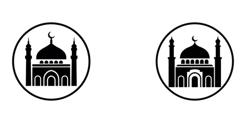 Obraz premium Mosque symbols silhouette with crescent moon and minarets inside circle icon set vector