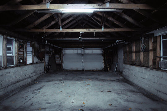 Empty garage with wooden beams and dim lighting creating a moody atmosphere.