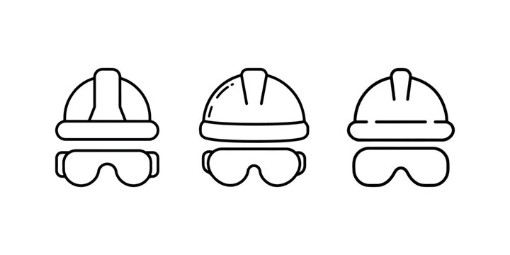 Construction worker hard hat and safety goggles set icons line art for industrial protection equipment