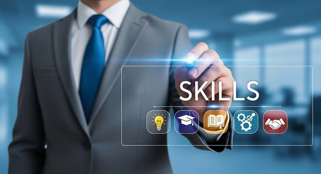 Businessman in suit drawing over a transparent box labeled "Skills" with related icons