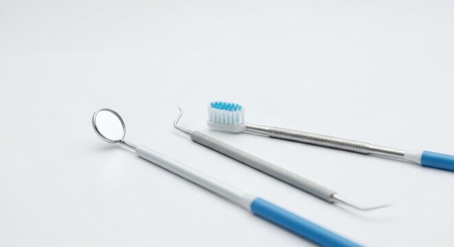 Dental instruments mirror, picks, toothbrush laying on a white surface