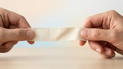 Obraz premium A person holds and stretches a piece of tape with both hands on a table.