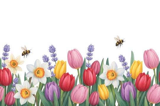 Horizontal border of colorful tulips and daffodils with lavender sprigs and flying bumblebees on a white background