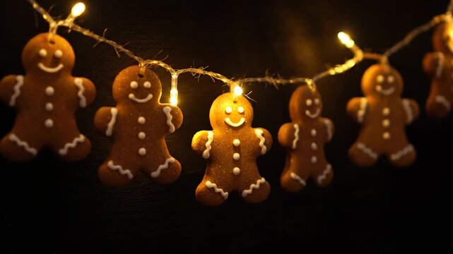 Close-up of gingerbread men ornaments with string lights on dark background