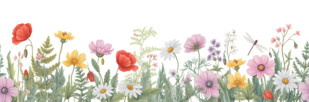 Watercolor of a wild flower meadow border with poppies daisies and a dragonfly
