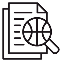 Basketball scouting and sports data analysis vector icon. Minimalist black line illustration of a magnifying glass with a basketball over document pages for player research and statistics. © Omar