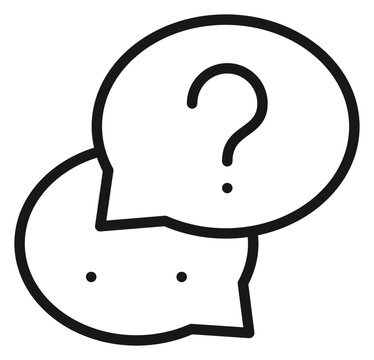 Black line vector icon illustration of two overlapping speech bubbles, one with a question mark and one with an ellipsis, representing FAQ, customer support, and online chat communication.