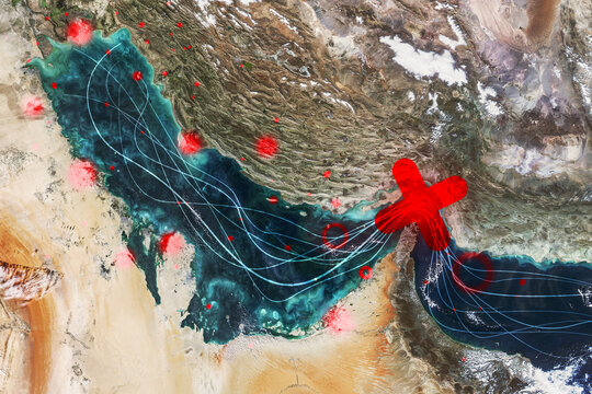 Conceptual satellite map of the Persian Gulf showing the Strait of Hormuz blocked by a red cross, symbolizing maritime closure, military conflict, and geopolitical crisis involving Iran's borders.