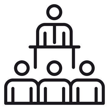 Minimalist black vector icon illustration of a leader or presenter standing behind a desk or podium addressing a group of people, representing a business meeting, seminar, or training session.