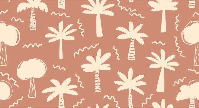 Abstract tropical palm tree seamless pattern in warm earthy tones modern flat style