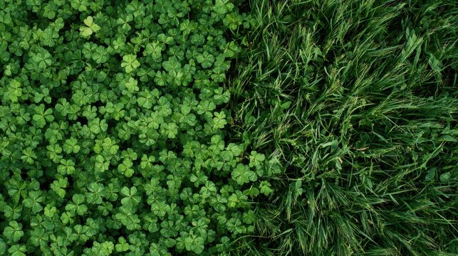 Topdown dense clover mosaic showing pollinator habitat potential, urban meadow pilot for biodiversity and nectar mapping, varied leaf shapes and tiny flower buds, soft shadows creating layered pattern