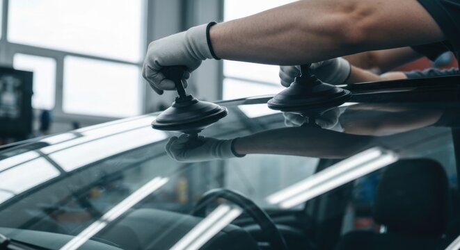 Mechanic holds suction cups on windshield; auto glass work in shop