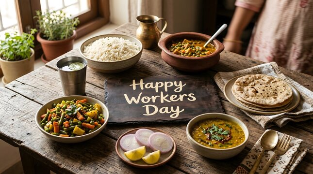 A colorful indian meal with text celebrating workers day