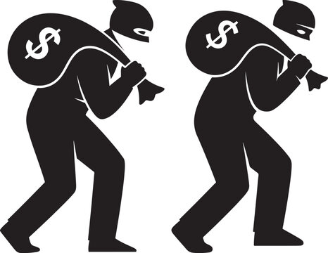Silhouette thieves carrying money bags with financial crime criminal activity money laundering criminal illustration silhouette currency stealing fugitive identity disguise contraband