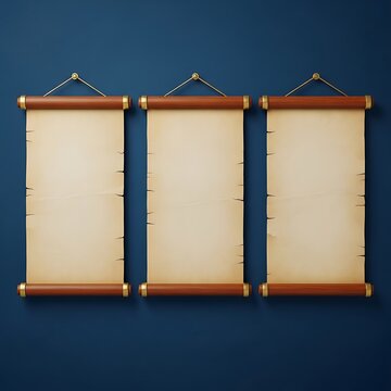 Three antique scrolls hanging on a blue wall
