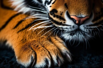 Fototapeta premium Tiger's distinctive striped fur, whiskers, and nose captured in a detailed close up
