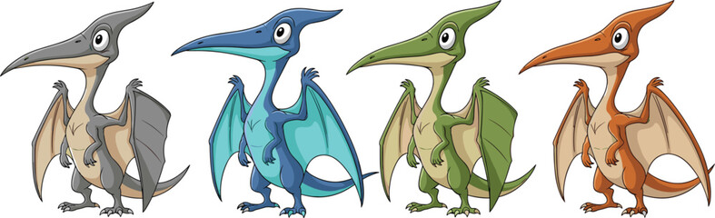 Colorful Cartoon Pterodactyls with Friendly Expressions in Various Shades for Fantasy and Animation Designs © MdMonirul