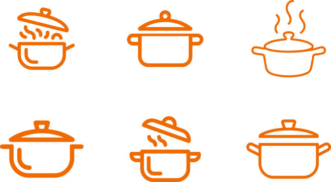 Set of cooking pot icons featuring various kitchen cookware designs for culinary preparation and home meal cooking concepts