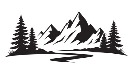 Fototapeta premium Majestic Mountain Silhouette: A striking graphic of towering mountain peaks, evergreen trees, and a winding river against a monochromatic background.