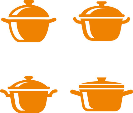 Set of orange cooking pot icons with lids for kitchen, culinary, and restaurant concepts, isolated on a clean white background