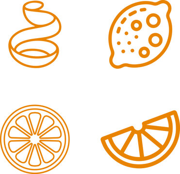 Set of orange line art lemon fruit icons including slice, peel, and whole citrus, perfect for healthy food and drink designs