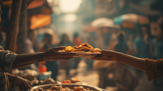 Street Vendor Handing Food to Customer.