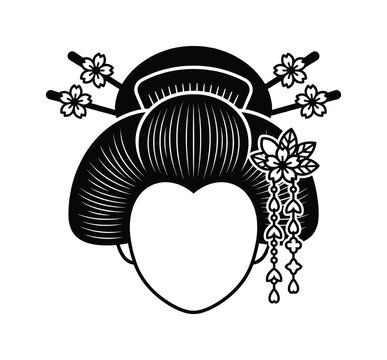 Elegant black and white vector illustration of a traditional Japanese geisha hairstyle, adorned with floral kanzashi hairpins. Ideal for cultural themes, branding, and designs.
