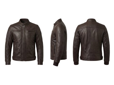 Elegant men's dark brown leather jacket showcased in a crisp multi-angle studio shot, perfect for fashion display and product presentation