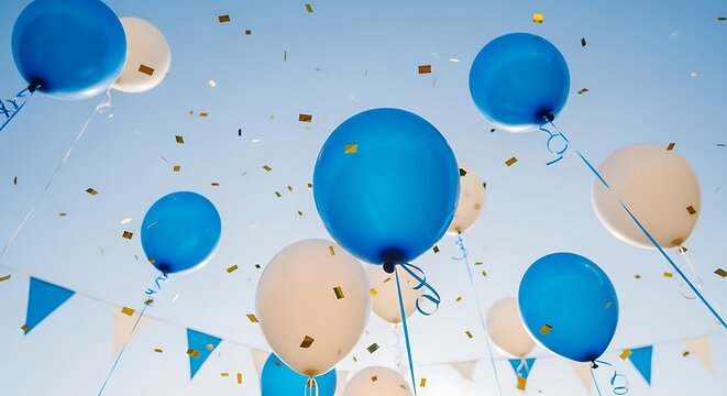 Blue and white balloons, gold confetti, and bunting against a clear sky, celebration