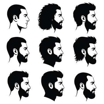 "Collection of 9 Bearded Men Face Profile Black Solid Silhouettes Vector Male Head Side View Different Hair Beard Styles Barber Shop Isolated White Background"