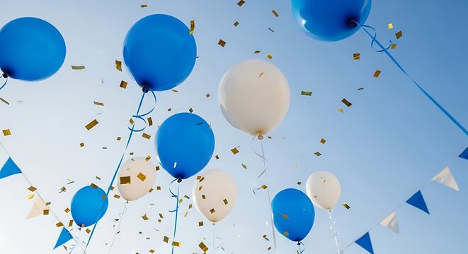 Blue and white balloons float in the bright sky, confetti falls, with pennant banner