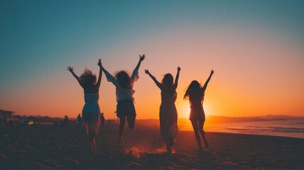 Fototapeta premium Friends jumping on beach celebrating sunset freedom