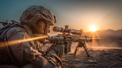 Obraz premium Military marksman aiming sniper rifle at desert sunset