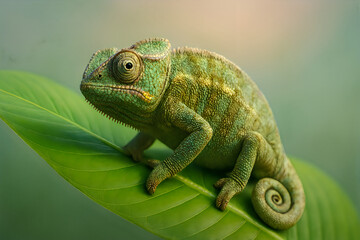 Fototapeta premium Green chameleon on branch close-up wildlife reptile camouflage nature